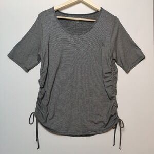 Land's End Women's Navy Blue and White Horizontal Stripes Round Neck Top